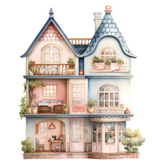 Charming Watercolor of Detailed Miniature Dollhouse with Cozy Interiors