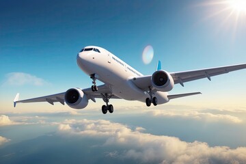 Fototapeta premium Sleek Airplane in Flight Against Clear Sky for Travel Dreams 3D Visualization