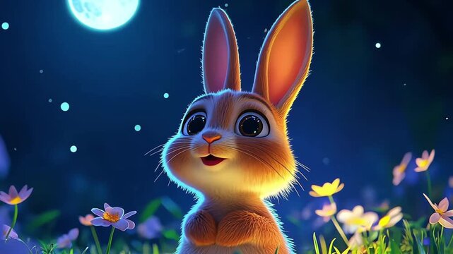 3d rendering of fireflies and rabbit on the grass