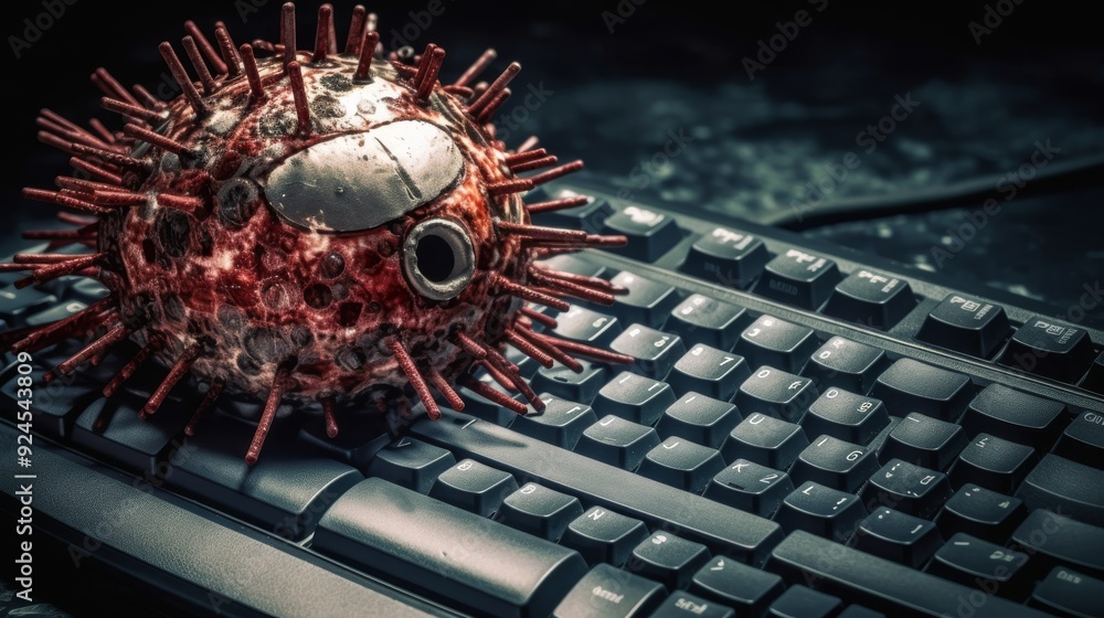 Poster a red and black bug is sitting on top of a keyboard