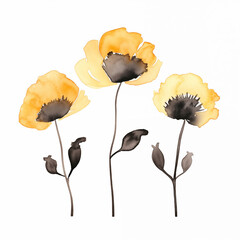 A striking watercolor illustration of golden poppy flowers with dark centers, highlighting the beauty of nature's contrasts.