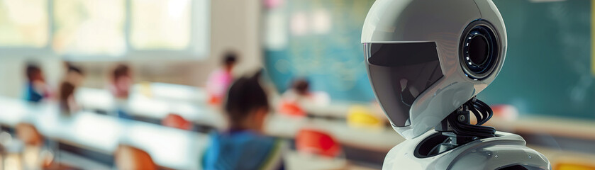 Fototapeta premium Robotic teacher in classroom, against chalkboard, highlighting its role in modern educational environment. Perfect for themes of futuristic education, technology integration in schools.