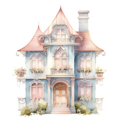 Obraz premium Exquisite Watercolor Painting of a Charming Dollhouse with Intricate Patterns and Pastel Tones