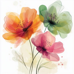 A striking watercolor illustration featuring delicate, transparent petals in vibrant shades of orange, pink, and green.
