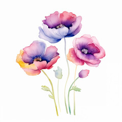 A delicate watercolor illustration of poppy flowers in a blend of pastel shades, capturing the gentle beauty of nature.