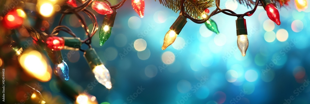 Poster vibrant string lights in multiple colors against a blue and teal backdrop, creating a lively and fes