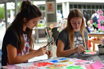 Fototapeta premium Exchange students making crafts with local students. They are creating colorful items and sharing ideas