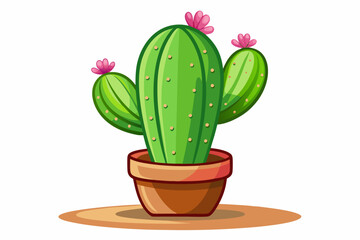 A potted cactus with three pink flowers