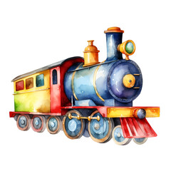 Naklejka premium Vibrant Watercolor of a Whimsical Toy Train Locomotive on a Simple White Background