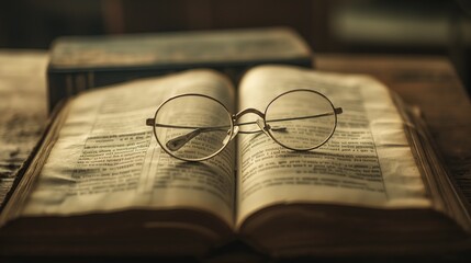 Dark academia eyeglasses on book.