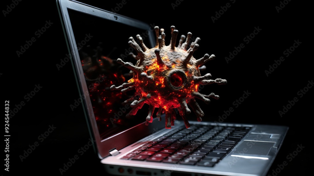 Poster a computer screen shows a virus on the screen