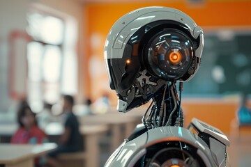 Fototapeta premium Robotic teacher in classroom, modern educational environment. Perfect for themes of futuristic education, technology integration in schools. Robot, cyborg educator.