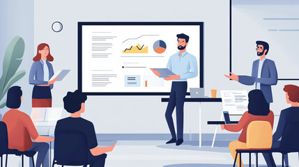 Obraz premium A team of sales managers and executives brainstorming and strategizing around a conference table. They are discussing sales goals and tactics, with notes and marketing materials spread out. The scene 