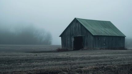 Obraz premium Foggy Morning with Old Wooden Barn in Rural Landscape.