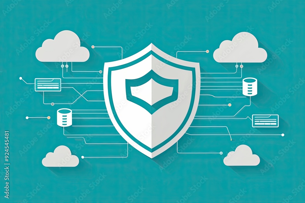 Poster futuristic cybersecurity concept with shield logo and cloud data flow on turquoise background
