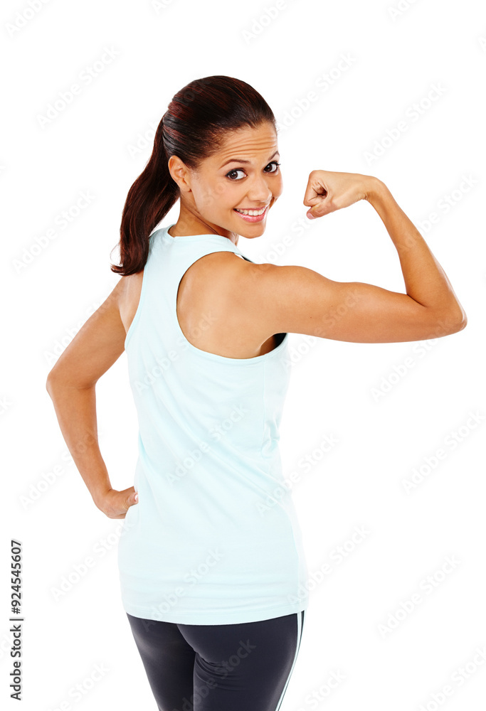 Wall mural Woman, flex and bicep muscle in studio portrait for fitness, development and workout by white background. Person, model and smile for progress with exercise, training and gym with results in Colombia