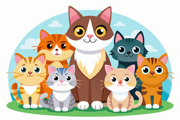 Fototapeta premium Six Adorable Cats Sitting Together in a Grassy Field