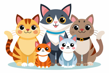 Fototapeta premium A Group of Five Cartoon Cats Sitting Together