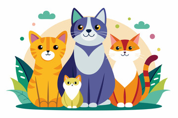 Fototapeta premium Four Cats Sitting Together in a Garden Setting