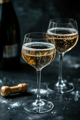 Global Champagne Day. Two glasses of sparkling wine on a black festive background. Vertical banner. Free space for text. For holiday poster, card, invitation, wedding, birthday, party, New Year
