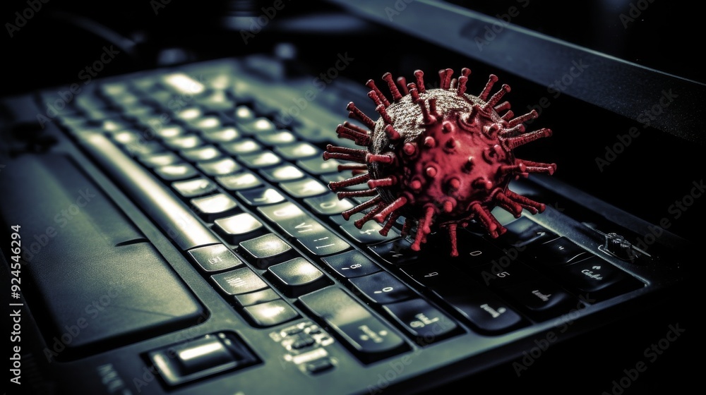 Poster a computer keyboard with a red virus on it