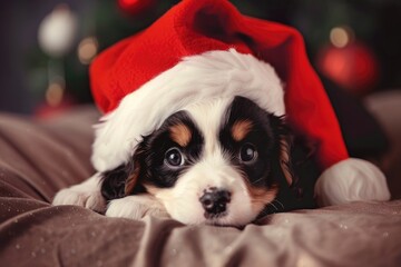 Adorable Puppy in Santa Hat Lying on Knitted Blanket with Festive Background Lights