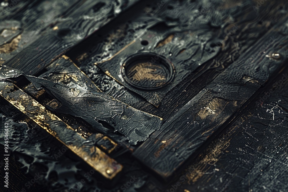 Poster close-up shot of a burned wooden fragment with charred surface and cracks