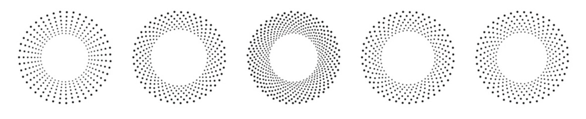 Halftone circular dotted frames set. Circle dots isolated on the white background. Logo design element for medical, treatment, cosmetic. Round border using halftone circle dots texture. Vector