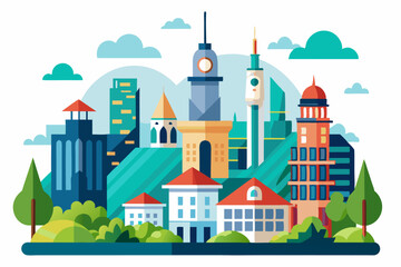 Obraz premium A Colorful Cityscape with Buildings, Trees, and Clouds