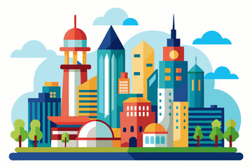 Obraz premium Colorful Cityscape with Buildings, Trees, and Clouds