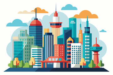 Fototapeta premium Flat-style illustration of a modern city with tall buildings and clouds
