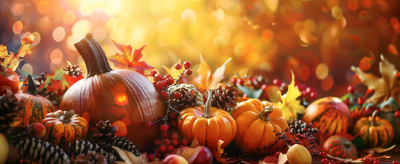 Autumn Halloween pumpkins. Orange pumpkins over bright autumnal nature background