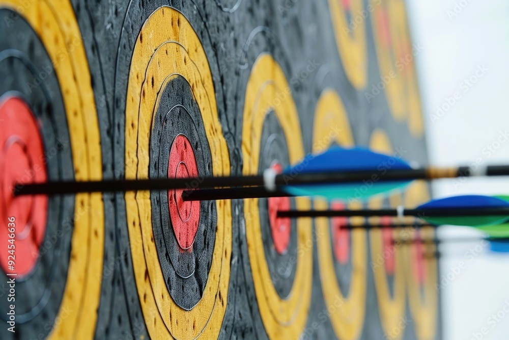 Poster a close-up of arrows aimed at a center target, perfect for illustrations and presentations about arc