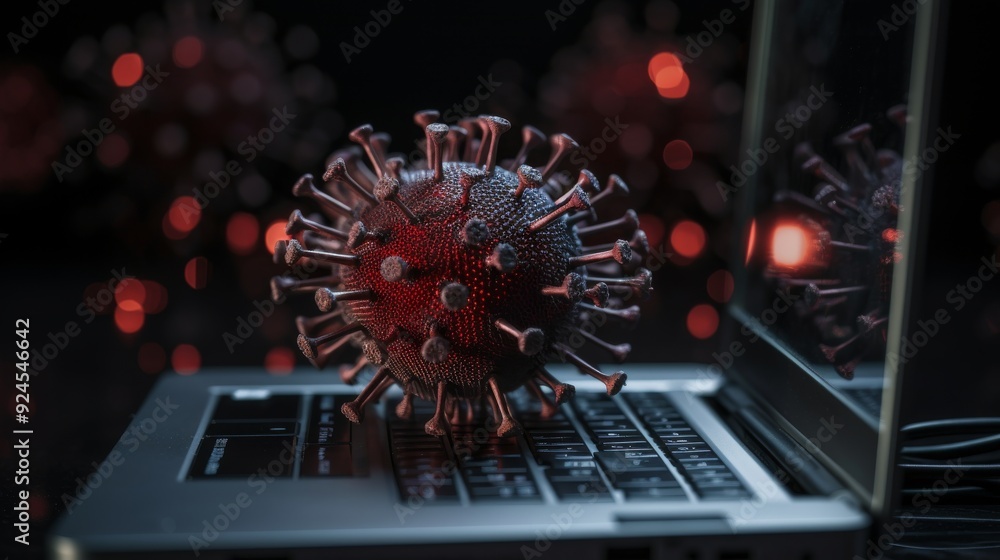 Poster a computer screen shows a red virus on a keyboard