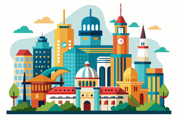 Fototapeta premium A Vibrant Cityscape with Tall Buildings, Churches, and Lush Green Foliage
