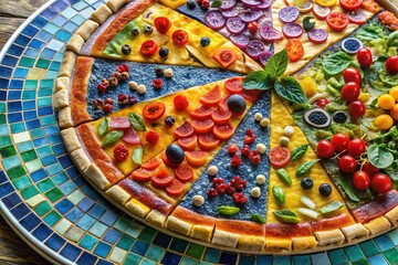 Fototapeta premium Colorful Mosaic Tile Pizza Platter: Vibrant, eclectic, bohemian, playful, rainbow, abstract