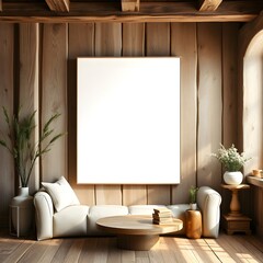 Rustic interior with copy space in frame on the wall. Template for artwork, painting, photo or poster	
