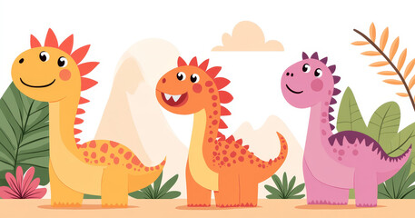 Group of dinosaurs, ancient volcanic landscape, friendly expressions, pastel tones