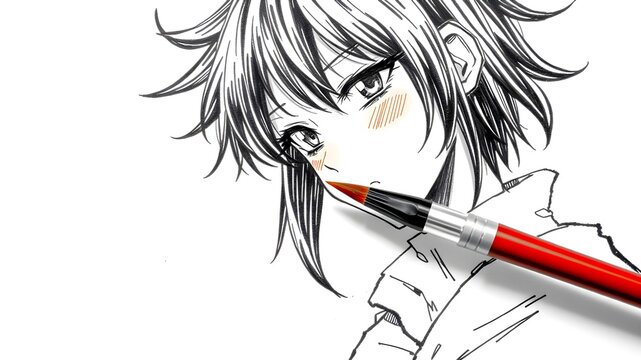 Hand drawing anime manga on paper using pancil and ink. Art in anime style	
