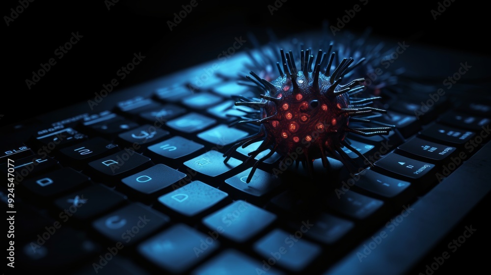 Poster a computer keyboard with a red, fuzzy looking object on it