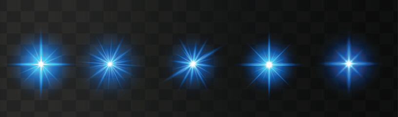 Set of glowing blue light stars on a transparent background Shining sun star explodes and flash