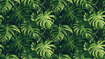 background with repeating pattern - green tropical leaves - seamless