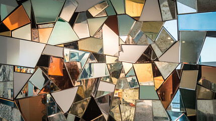 mirror, mirrorart,An abstract composition featuring multiple small mirrors of various shapes and sizes arranged artistically on a wall. The mirrors reflect different parts of the room, creating a frag