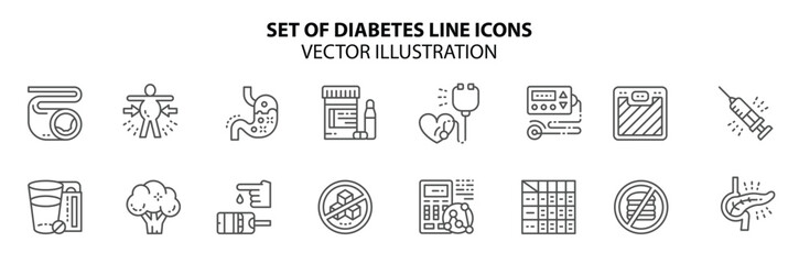 Set of Diabetes Line Icons. Heartburn, Electrocardiogram, Glucometer and more