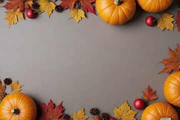 Thanksgiving harvest season concept with autumn fall leaves, pumpkins decor on beige background, top view, flat lay copy space, generative ai.