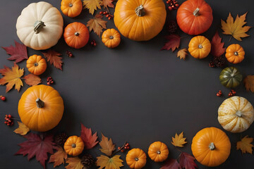 Pumpkins and autumn leaves berry decoration top view blank copy space dark texture background. Happy thanksgiving template generative ai.