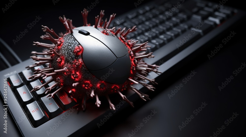 Poster a computer mouse is covered in red and black spikes