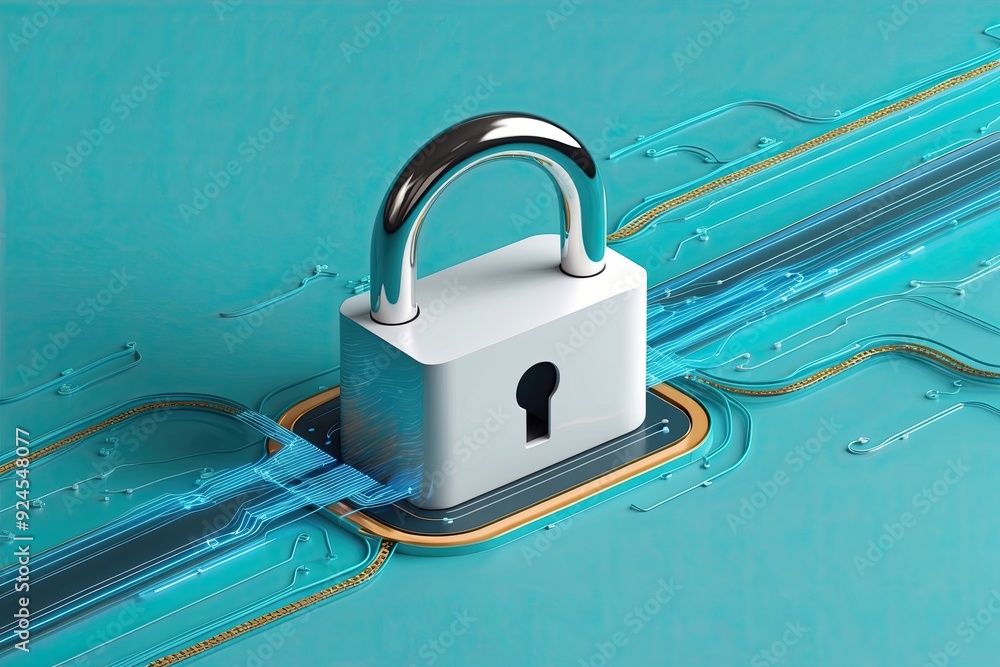 Poster creative cybersecurity artwork with padlock information networks and dynamic lines on a turquoise ba
