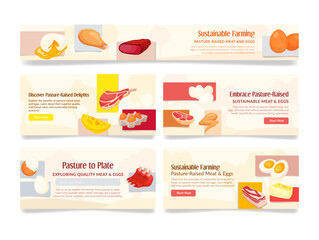 Banners showcasing sustainable farming products including pasture-raised meat and eggs