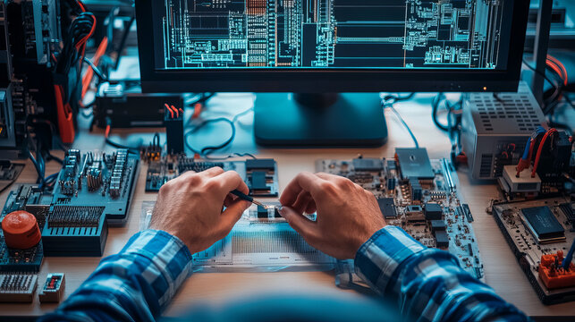 An electrical engineer working at a workstation with complex circuit diagrams and electronic components. The scene includes oscilloscopes, soldering equipment, and other tools used for designing and t